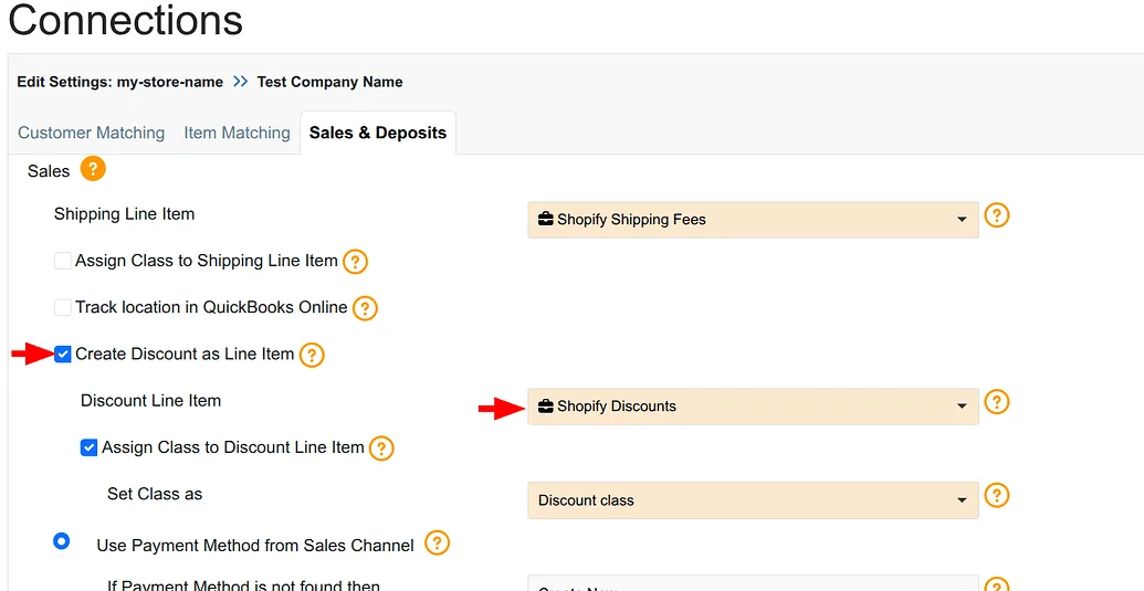 WeIntegrate Sales & Deposits settings showing Create Discount as Line Item checkbox and Discount Line Item service item dropdown for Shopify discount mapping in QuickBooks Online