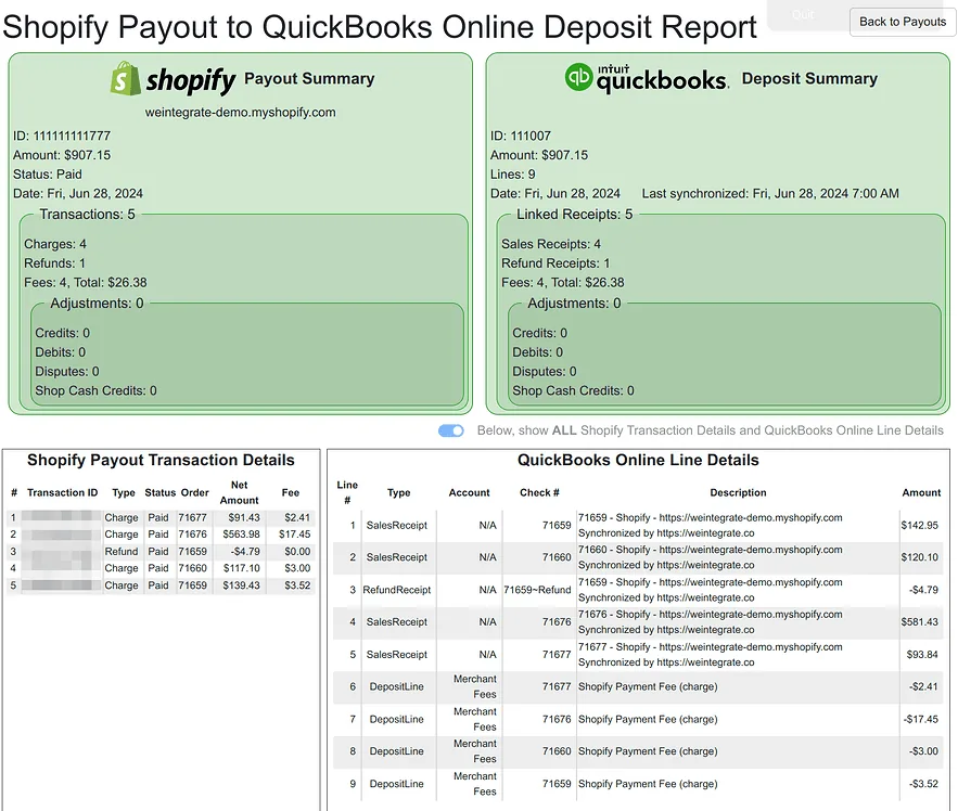 WeIntegrate Shopify Payout to QuickBooks Online Deposit Report — side-by-side reconciliation with discrepancy detection
