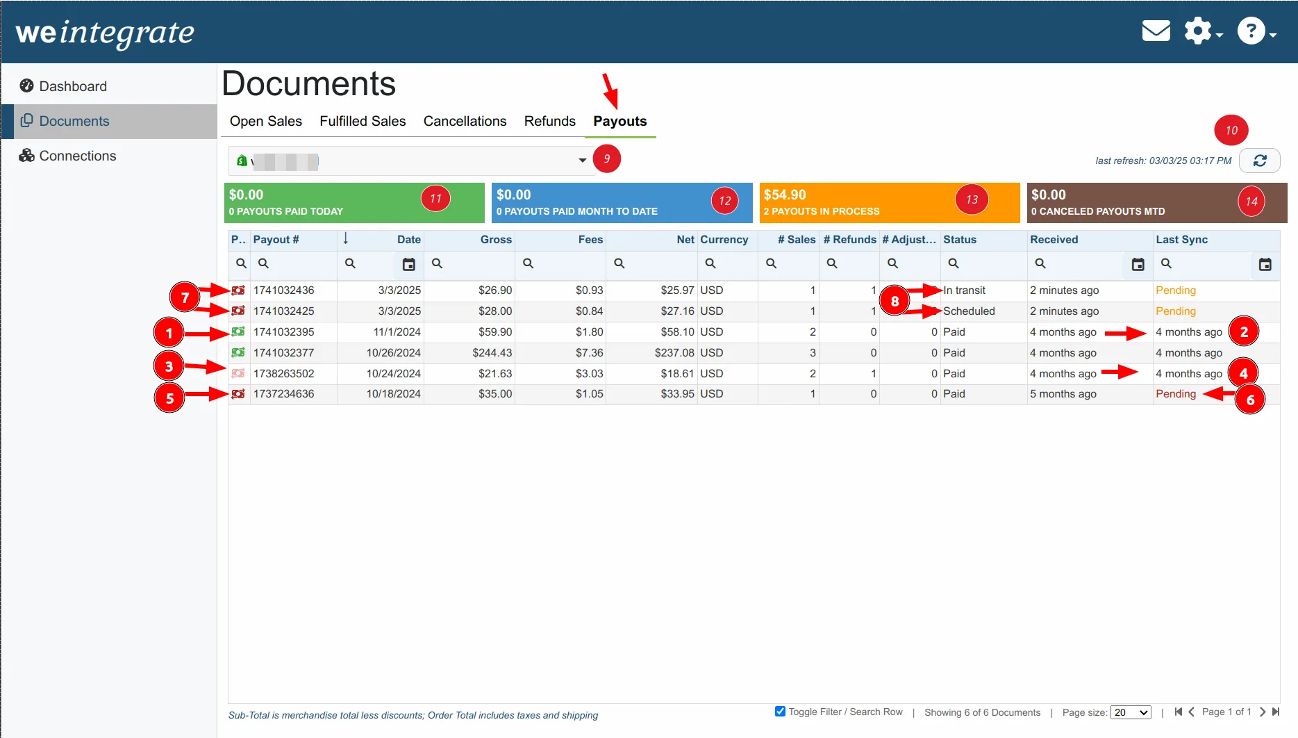 WeIntegrate Shopify Payouts tab — automated Shopify payout to QuickBooks Online Deposit sync