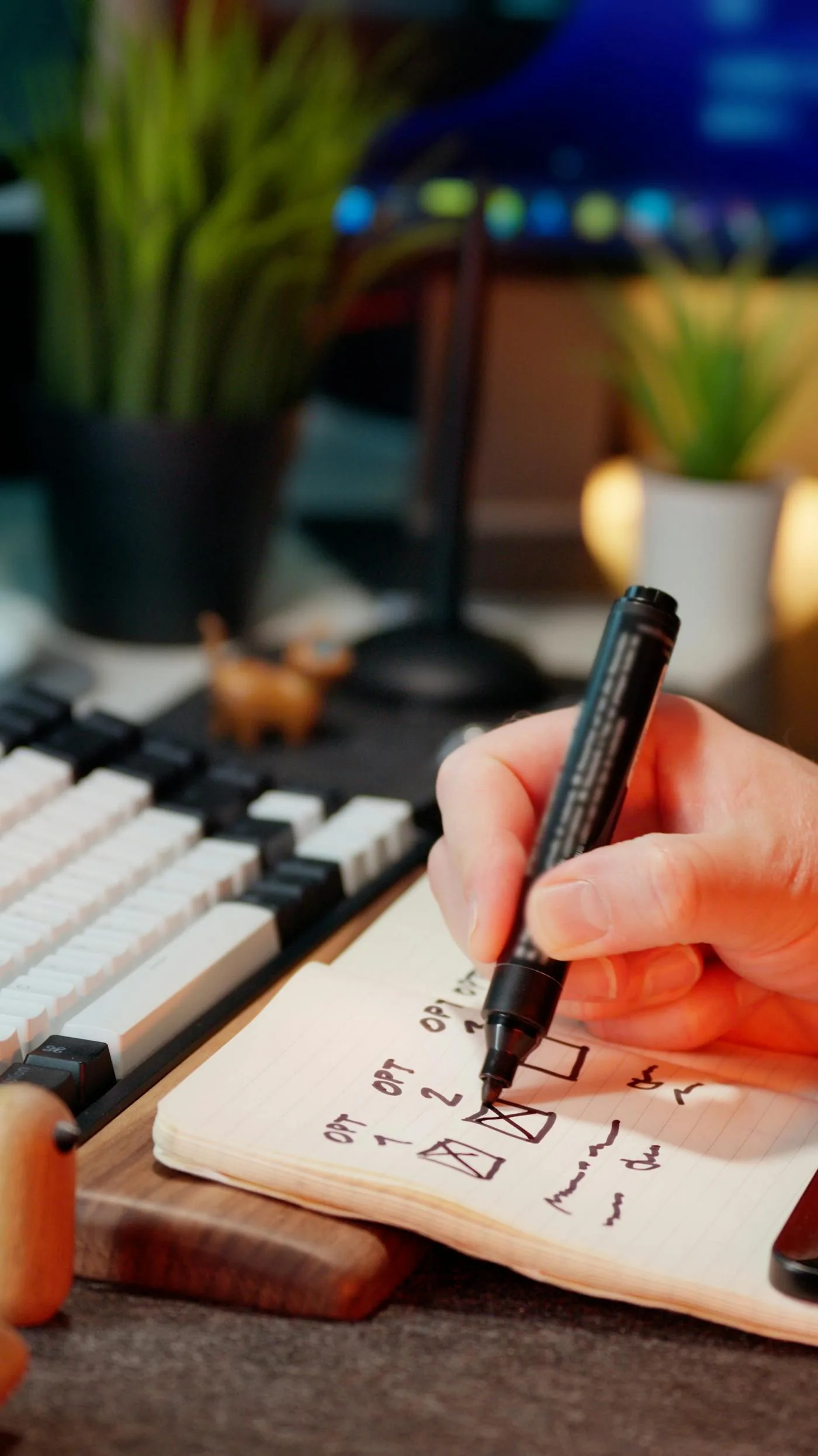 Person checking off tasks on a setup checklist beside a keyboard — WeIntegrate Start Smart onboarding guide