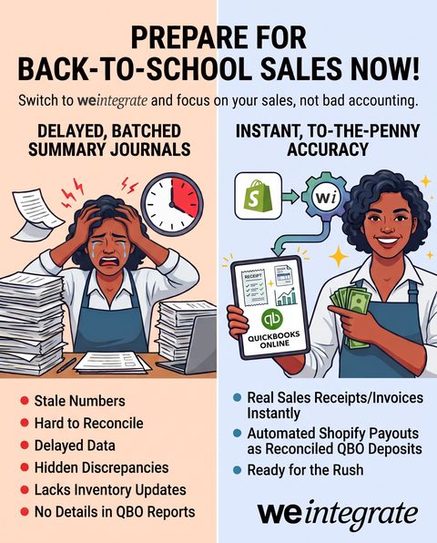 Prepare your Shopify store for back-to-school sales — delayed, batched summary journals leave stale numbers, hidden discrepancies and missing inventory updates in QuickBooks Online, while WeIntegrate creates real Sales Receipts and Invoices instantly and Shopify payouts as reconciled QuickBooks Online deposits